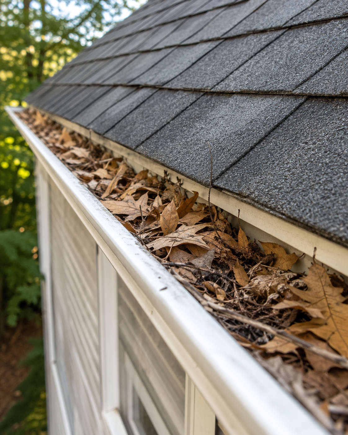 Close-up of a residential gutter completely filled with wet oak leaves, twigs, and rotting debris