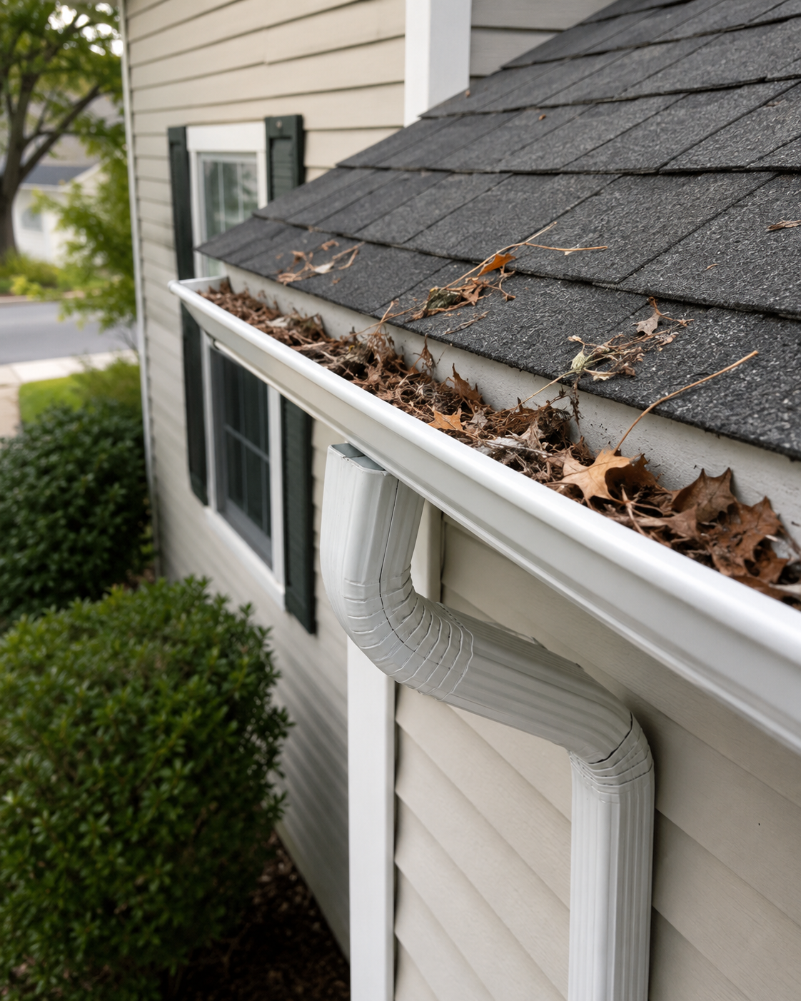Aluminum gutter packed with wet leaves and debris blocking the downspout on a two-story home
