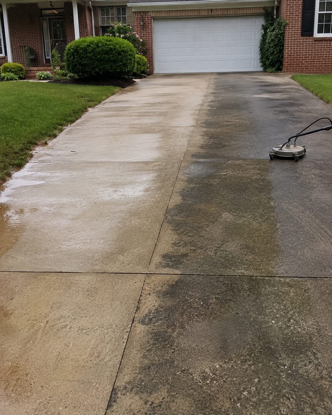 Concrete driveway mid-cleaning showing the sharp contrast between cleaned and untouched sections