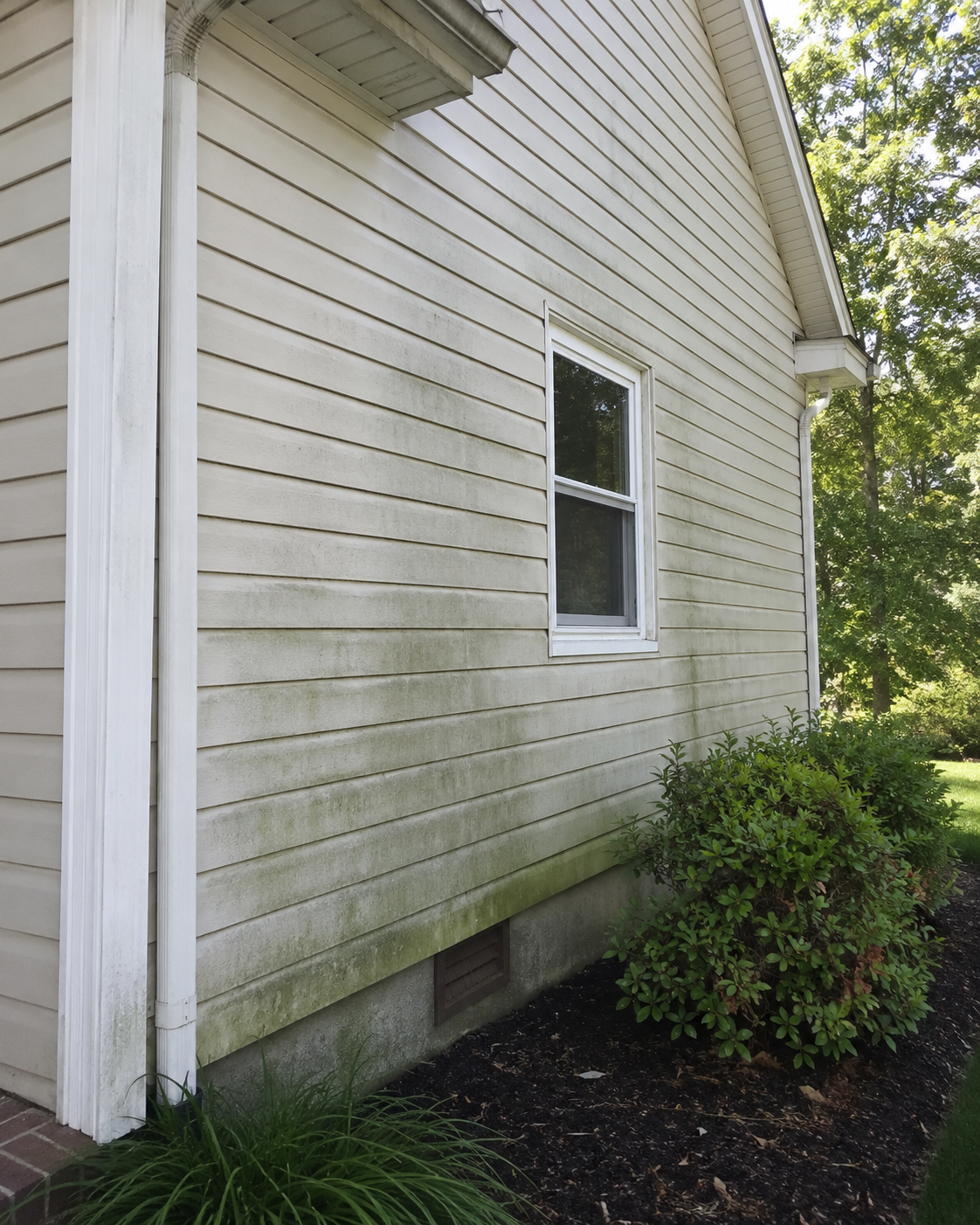 Vinyl siding stained green with algae and mildew on the shaded side of a house