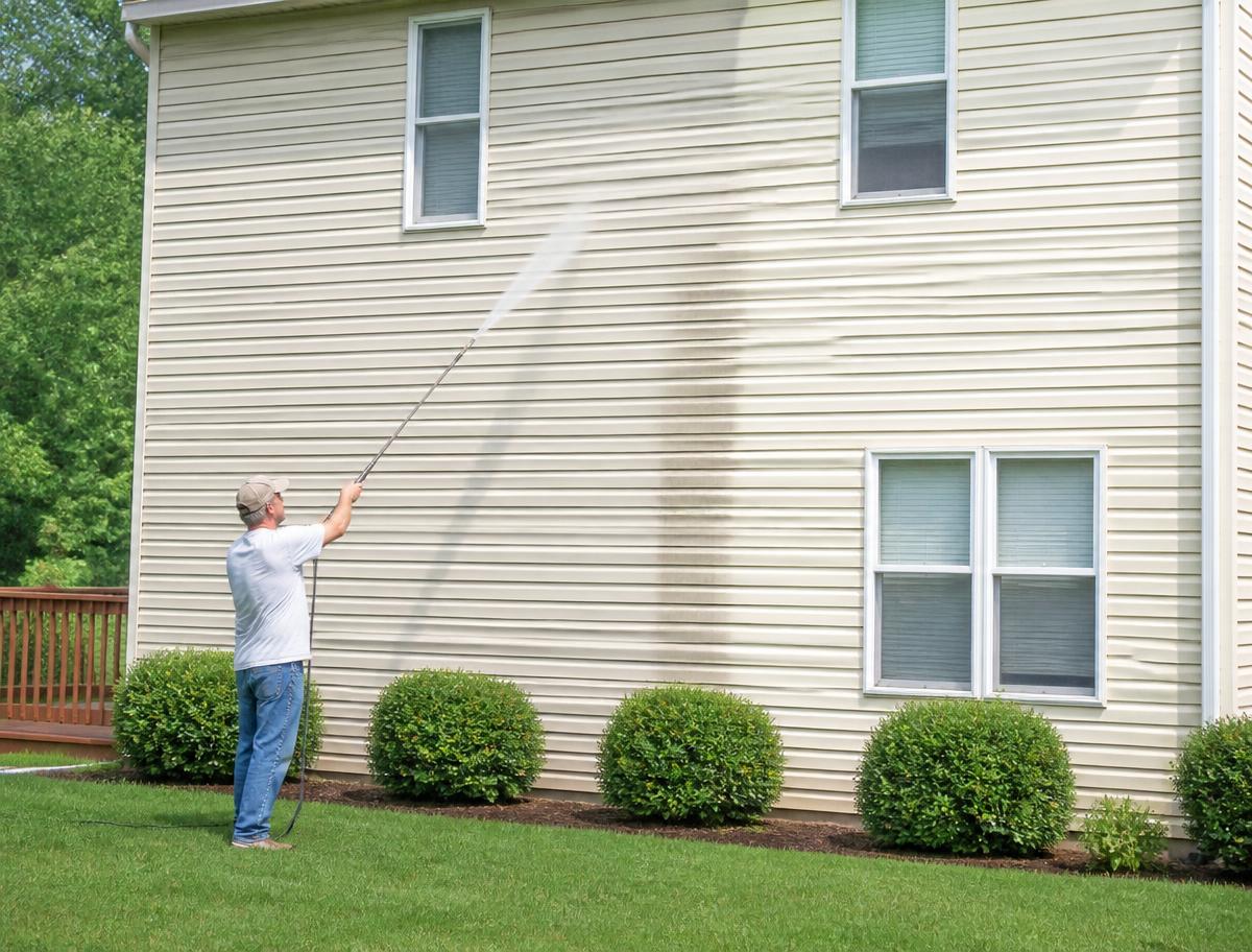 Low pressure soft wash spray rinsing algae streaks off the vinyl siding of a two story home.